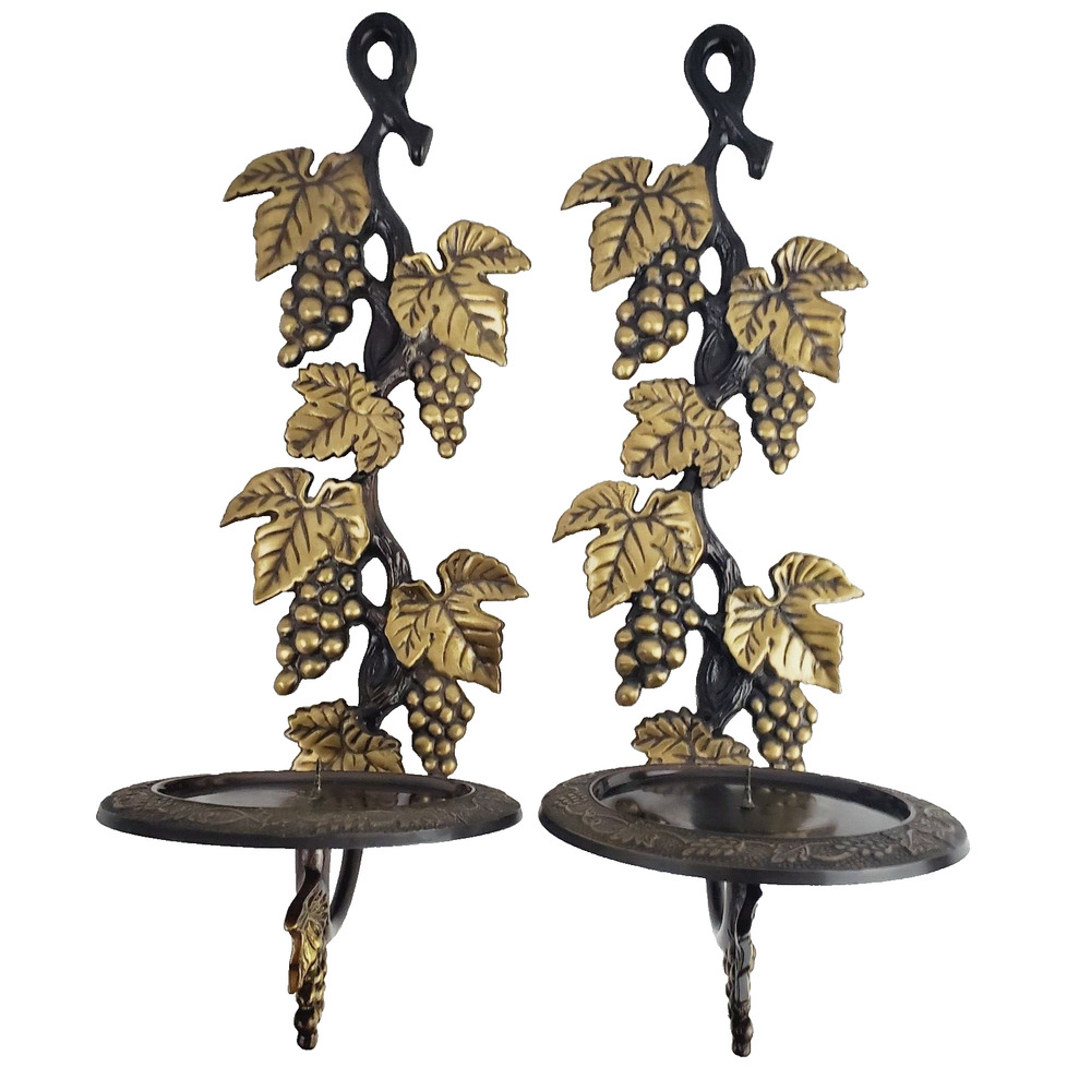 Brass Grape Vine Wall Hanging Pillar Candle Holder Pair Adults 15" Made In India